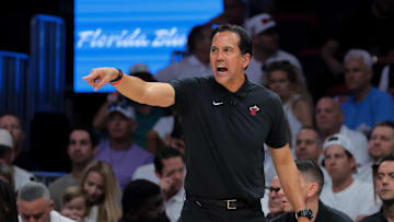 Apr 26, 2025; Miami, Florida, USA; Miami Heat head coach Erik Spoelstra signals from the sideline against the Cleveland Cavaliers in the third quarter during game three for the first round of the 2025 NBA Playoffs at Kaseya Center. Mandatory Credit: Sam Navarro-Imagn Images