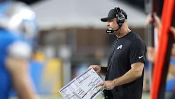Jul 31, 2025; Canton, Ohio, USA; Detroit Lions head coach Dan Campbell looks on in the fourth quarter against the Los Angeles Chargers at Tom Benson Hall of Fame Stadium. Mandatory Credit: Scott Galvin-Imagn Images