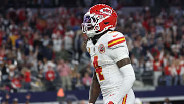 Nov 27, 2025; Arlington, Texas, USA; Kansas City Chiefs wide receiver Rashee Rice (4) celebrates after a touchdown against the Dallas Cowboys during the fourth quarter at AT&T Stadium. Mandatory Credit: Kevin Jairaj-Imagn Images