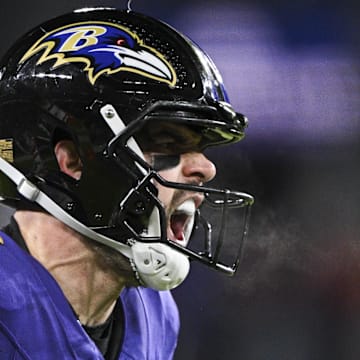 Jan 4, 2025; Baltimore, Maryland, USA; Baltimore Ravens tight end Mark Andrews (89) reacts after scoring a touchdown  during the first half against the Cleveland Browns  at M&T Bank Stadium. Mandatory Credit: Tommy Gilligan-Imagn Images