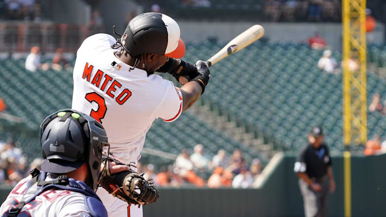 May 31, 2023; Baltimore, Maryland, USA; Baltimore Orioles shortstop Jorge Mateo (3) drives in two