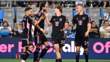 Jul 3, 2024; Charlotte, North Carolina, USA; Inter Miami CF midfielder Benjamin Cremaschi (30) celebrates after scoring a goal against Charlotte FC in the second half at Bank of America Stadium. Mandatory Credit: Bob Donnan-USA TODAY Sports