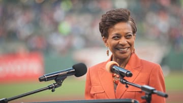 Apr 15, 2014; San Francisco, CA, USA; San Francisco Giants public announcer Renel Brooks-Moon speaks before the game against the Los Angeles Dodgers at AT&T Park. Ed Szczepanski-Imagn Images
