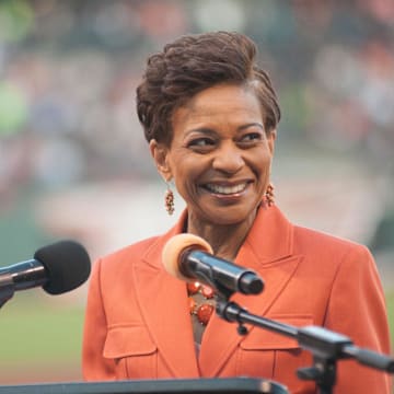 Apr 15, 2014; San Francisco, CA, USA; San Francisco Giants public announcer Renel Brooks-Moon speaks before the game against the Los Angeles Dodgers at AT&T Park. Ed Szczepanski-Imagn Images