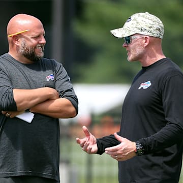 Bills head coach Sean McDermott (right) with offensive coordinator Brian Daboll during training camp.