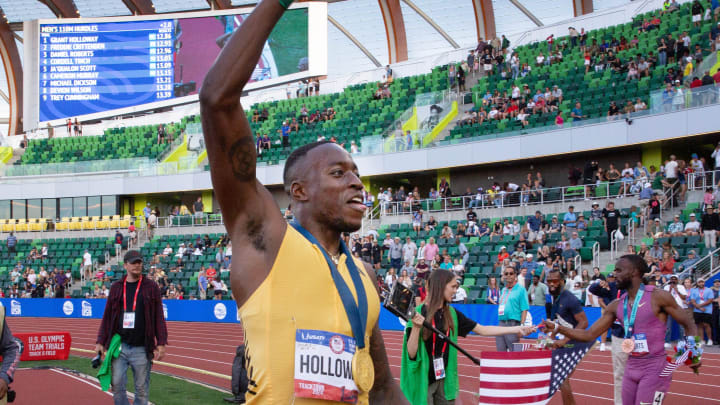 Grant Holloway celebrates after winning the men’s 110 hurdles on day 8 of the U.S. Olympic Track and Field Trials at Hayward Field in Eugene Friday, June 28, 2024.