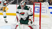 Apr 29, 2025; Las Vegas, Nevada, USA; Minnesota Wild goaltender Filip Gustavsson (32) makes a save against the Vegas Golden Knights during the second period of game five of the first round of the 2025 Stanley Cup Playoffs at T-Mobile Arena. Mandatory Credit: Stephen R. Sylvanie-Imagn Images
