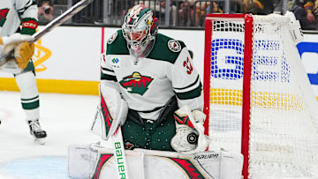 Apr 29, 2025; Las Vegas, Nevada, USA; Minnesota Wild goaltender Filip Gustavsson (32) makes a save against the Vegas Golden Knights during the second period of game five of the first round of the 2025 Stanley Cup Playoffs at T-Mobile Arena. Mandatory Credit: Stephen R. Sylvanie-Imagn Images