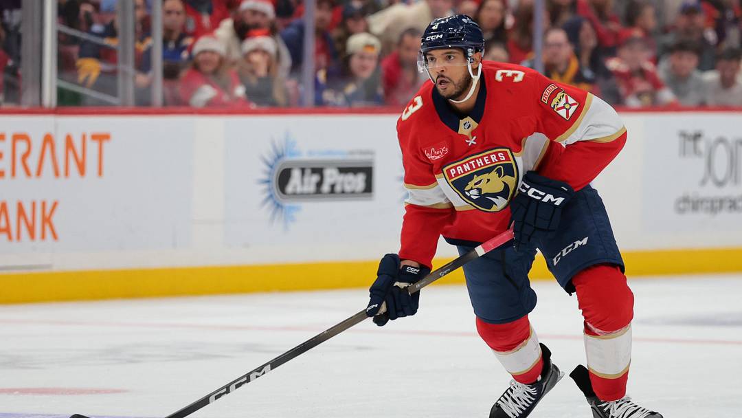 Dec 20, 2025; Sunrise, Florida, USA; Florida Panthers defenseman Seth Jones (3) moves the puck against the St. Louis Blues during the second period at Amerant Bank Arena. Mandatory Credit: Sam Navarro-Imagn Images