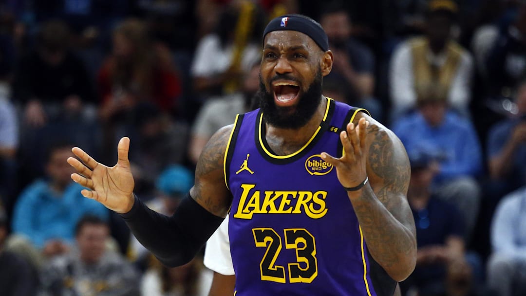 Mar 29, 2025; Memphis, Tennessee, USA; Los Angeles Lakers forward LeBron James (23) reacts during the third quarter against the Memphis Grizzlies at FedExForum. Mandatory Credit: Petre Thomas-Imagn Images Mar 29, 2025; Memphis, Tennessee, USA; Los Angeles Lakers forward LeBron James (23) reacts during the third quarter against the Memphis Grizzlies at FedExForum. Mandatory Credit: Petre Thomas-Imagn Images