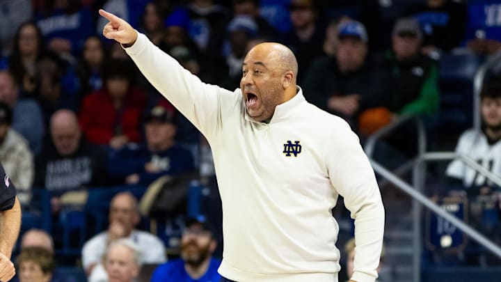 Feb 24, 2026; South Bend, Indiana, USA; Notre Dame Fighting Irish head coach Micah Shrewsberry calls a play against the Duke Blue Devils during the first half at Purcell Pavilion.