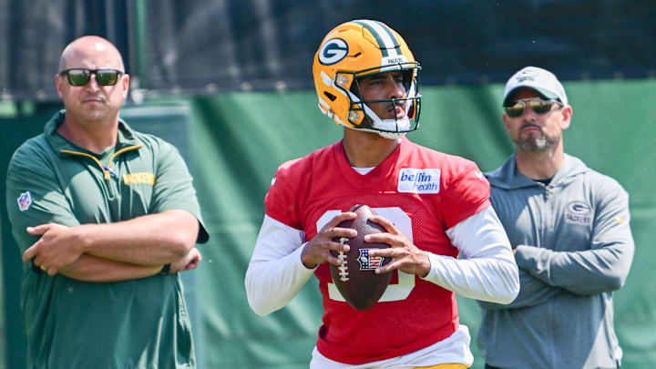 Jun 11, 2025; Green Bay, WI, USA; Green Bay Packers quarterback Jordan Love (10) participates in the team's minicamp at Ray Nitschke Field. Mandatory Credit: Benny Sieu-Imagn Images