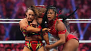 Jan 27, 2024; St. Petersburg, FL, USA; Bianca Belair (right) attacks Jordynne Grace during the Women's Royal Rumble match at Tropicana Field. Mandatory Credit: Joe Camporeale-Imagn Images