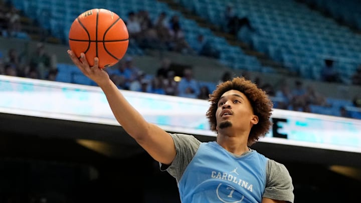 Oct 12, 2024; Chapel Hill, NC, USA;  North Carolina Tar Heels guard Seth Trimble (7) shoots in the first half at the Dean E. Smith Center. Mandatory Credit: Bob Donnan-Imagn Images