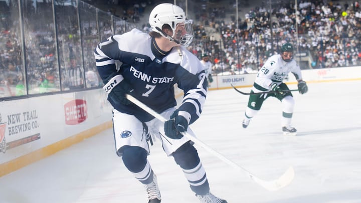 Penn State defenseman Jackson Smith during a Big Ten ice hockey game against Michigan State in Beaver Stadium on January 31, 2026.