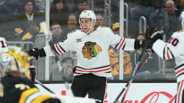 Oct 9, 2025; Boston, Massachusetts, USA; Chicago Blackhawks defenseman Louis Crevier (46) reacts after scoring a goal during the second period against the Boston Bruins at TD Garden. Mandatory Credit: Bob DeChiara-Imagn Images