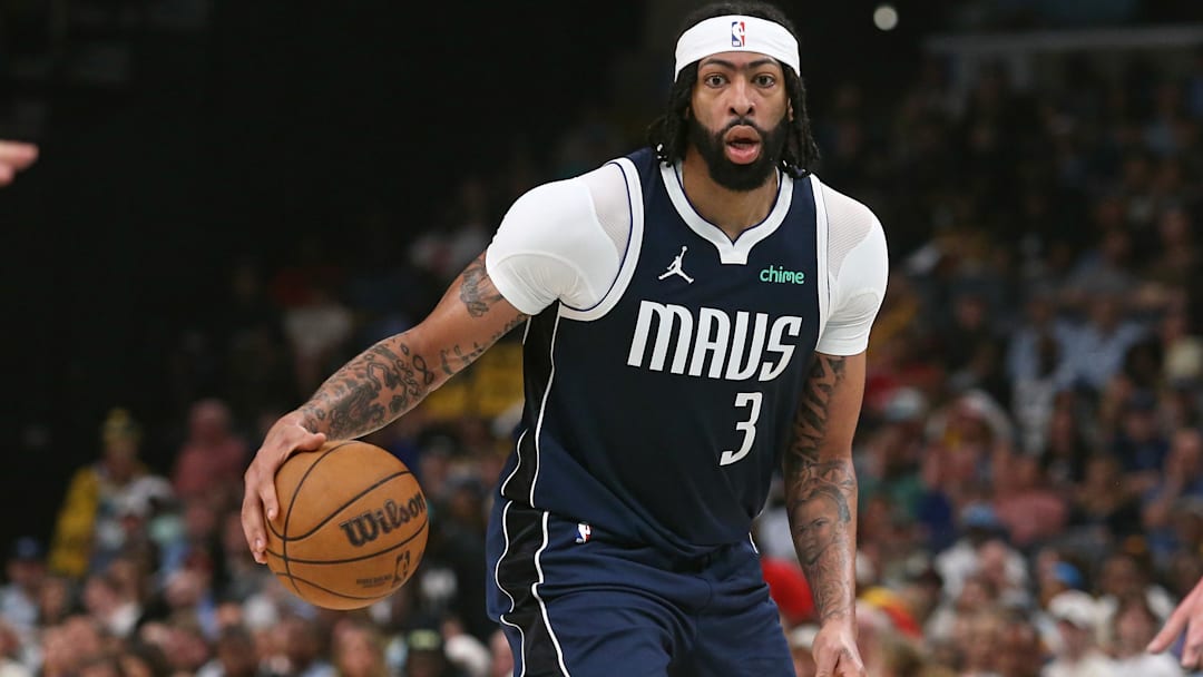 Apr 18, 2025; Memphis, Tennessee, USA; Dallas Mavericks forward Anthony Davis (3) dribbles during the second quarter against the Memphis Grizzlies at FedExForum.