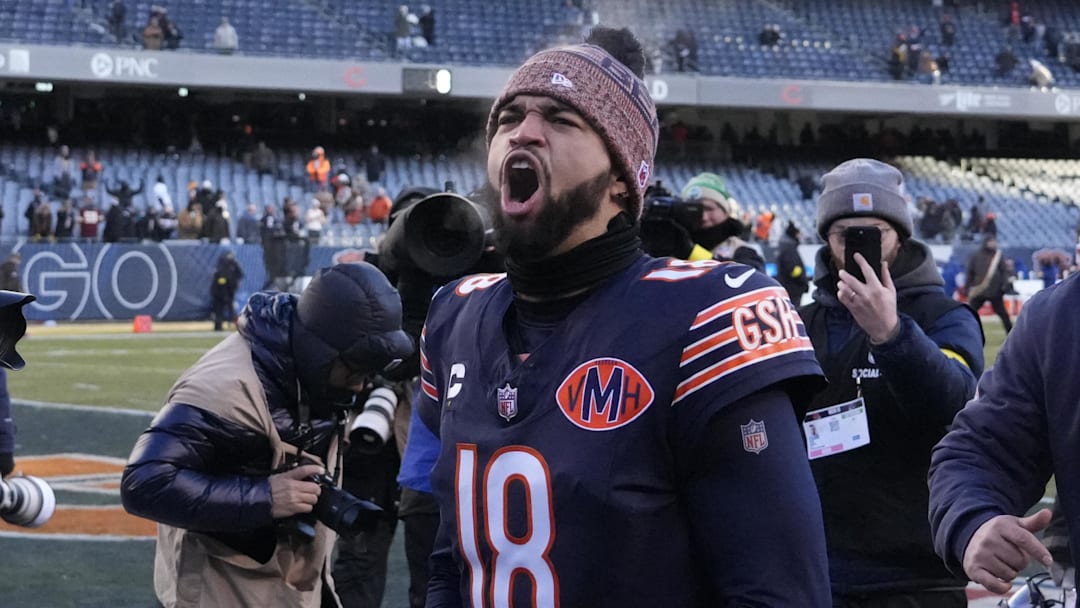 Dec 14, 2025; Chicago, Illinois, USA; Chicago Bears quarterback Caleb Williams (18) celebrates after defeating the Cleveland Browns at Soldier Field. Mandatory Credit: David Banks-Imagn Images Dec 14, 2025; Chicago, Illinois, USA; Chicago Bears quarterback Caleb Williams (18) celebrates after defeating the Cleveland Browns at Soldier Field. Mandatory Credit: David Banks-Imagn Images