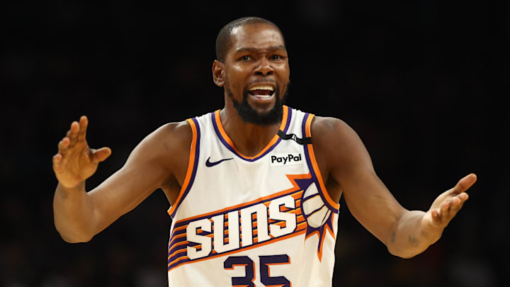 Phoenix Suns forward Kevin Durant reacts to a play.