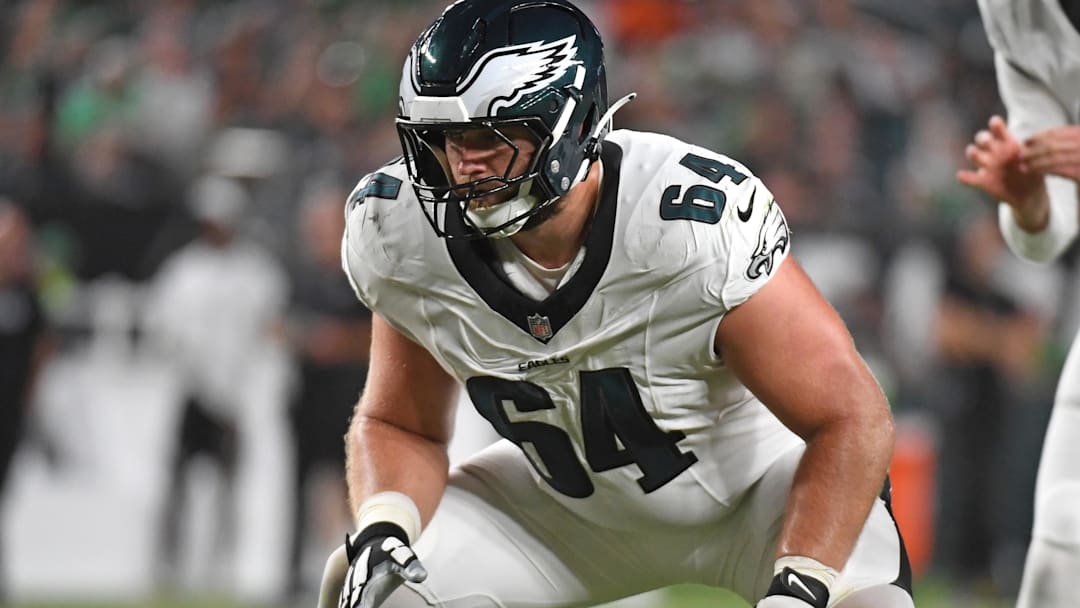Aug 7, 2025; Philadelphia, Pennsylvania, USA; Philadelphia Eagles offensive tackle Brett Toth (64) against the Cincinnati Bengals at Lincoln Financial Field. Mandatory Credit: Eric Hartline-Imagn Images