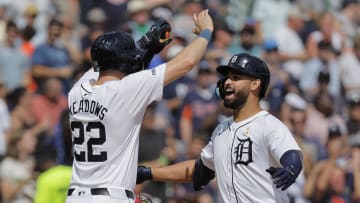 Sep 1, 2024; Detroit, Michigan, USA;  Detroit Tigers outfielder Riley Greene (31) celebrates with outfielder Parker Meadows (22) after he hits a two run home run in the sixth inning against the Boston Red Sox at Comerica Park.