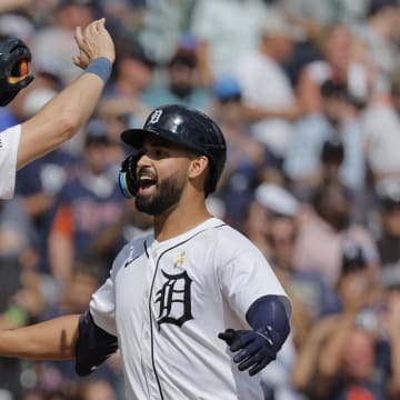 Sep 1, 2024; Detroit, Michigan, USA;  Detroit Tigers outfielder Riley Greene (31) celebrates with outfielder Parker Meadows (22) after he hits a two run home run in the sixth inning against the Boston Red Sox at Comerica Park.