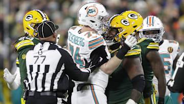 Green Bay Packers defensive tackle Kenny Clark (97) goes face to face with Miami Dolphins offensive tackle Liam Eichenberg (74) at Lambeau Field.