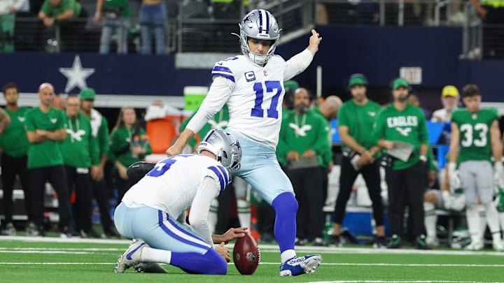 Nov 23, 2025; Arlington, Texas, USA; Dallas Cowboys kicker Brandon Aubrey (17) kicks a field goal to defeat the Philadelphia Eagles in the fourth quarter at AT&T Stadium. Mandatory Credit: Kevin Jairaj-Imagn Images