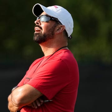 Aug 1, 2024; Columbus, OH, USA; Ohio State Buckeyes head coach Ryan Day watches a punt during football camp at the Woody Hayes Athletic Complex.