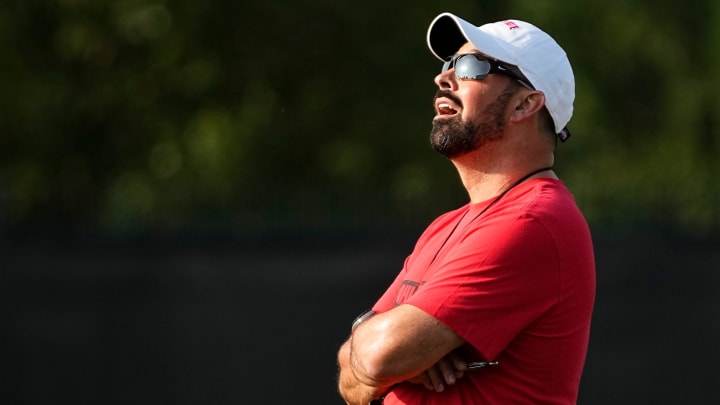 Aug 1, 2024; Columbus, OH, USA; Ohio State Buckeyes head coach Ryan Day watches a punt during football camp at the Woody Hayes Athletic Complex.