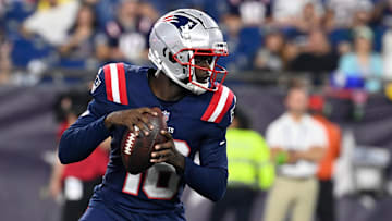 Aug 10, 2023; Foxborough, Massachusetts, USA; New England Patriots quarterback Malik Cunningham (16)