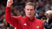 Dec 22, 2023; Lawrence, Kansas, USA; Kansas Jayhawks head coach Bill Self gestures to a player against the Yale Bulldogs during the game at Allen Fieldhouse. Mandatory Credit: Denny Medley-Imagn Images