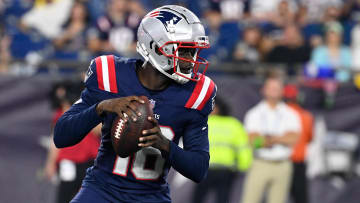 Aug 10, 2023; Foxborough, Massachusetts, USA; New England Patriots quarterback Malik Cunningham (16) during the second half against the New England Patriots at Gillette Stadium. Mandatory Credit: Eric Canha-USA TODAY Sports