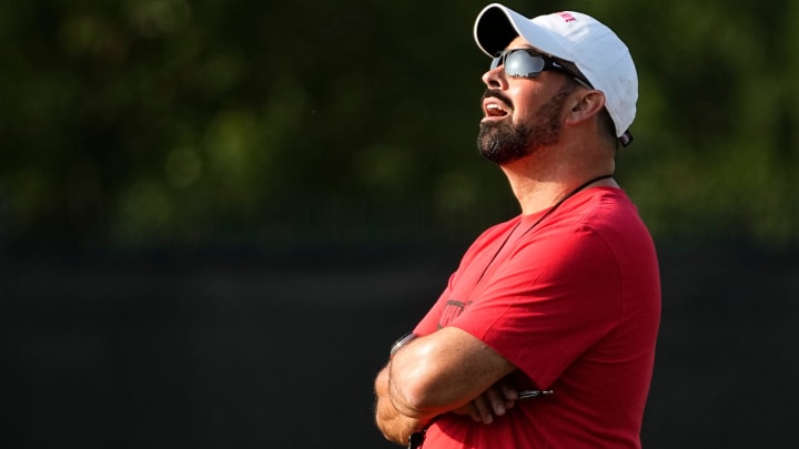 Aug 1, 2024; Columbus, OH, USA; Ohio State Buckeyes head coach Ryan Day watches a punt during football camp at the Woody Hayes Athletic Complex.