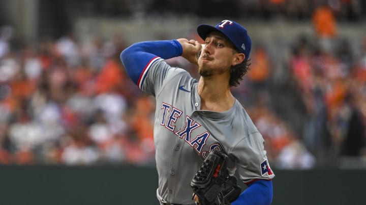 Jun 29, 2024; Baltimore, Maryland, USA; Texas Rangers pitcher Michael Lorenzen (23) throws a first inning pitch against the Baltimore Orioles at Oriole Park at Camden Yards. Mandatory Credit: Tommy Gilligan-USA TODAY Sports