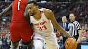 Feb 20, 2018; Columbus, OH, USA; Ohio State Buckeyes forward Keita Bates-Diop (33) is fouled by Rutgers Scarlet Knights forward Candido Sa (1) during the first half at Value City Arena. Mandatory Credit: Joe Maiorana-Imagn Images