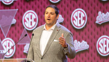 Mississippi State head coach Jeff Lebby, speaking at Omni Dallas Hotel, was one of three coaches to not wear a tie during their SEC Media Day appearance in honor of Mike Leach.