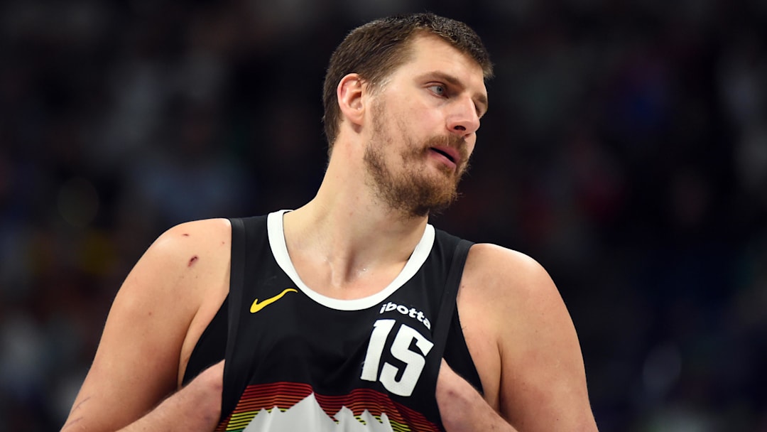 Mar 17, 2026; Denver, Colorado, USA; Denver Nuggets center Nikola Jokic (15) during the first half against the Philadelphia 76ers at Ball Arena. Mandatory Credit: Christopher Hanewinckel-Imagn Images