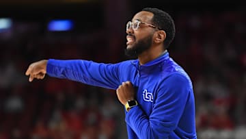 Nov 23, 2021; Lincoln, Nebraska, USA;  Tennessee State Tigers head coach Brian Collins watches action against the Nebraska Cornhuskers in the first half at Pinnacle Bank Arena. Mandatory Credit: Steven Branscombe-Imagn Images