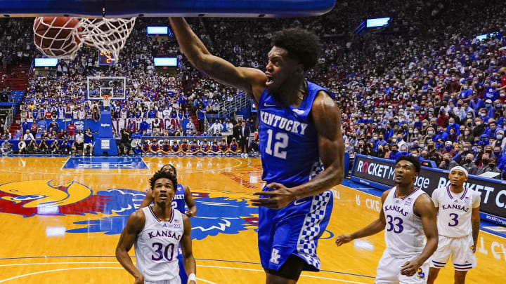 Jan 29, 2022; Lawrence, Kansas, USA; Kentucky Wildcats forward Keion Brooks Jr. (12) dunks the ball vs. Kansas Jayhawks 