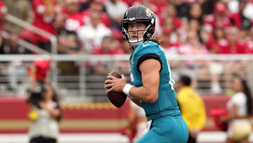 Sep 28, 2025; Santa Clara, California, USA; Jacksonville Jaguars quarterback Trevor Lawrence (16) drops back to pass against the San Francisco 49ers during the fourth quarter at Levi's Stadium. 