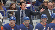 New York Islanders head coach Lane Lambert reacts as he coaches against the Pittsburgh Penguins.