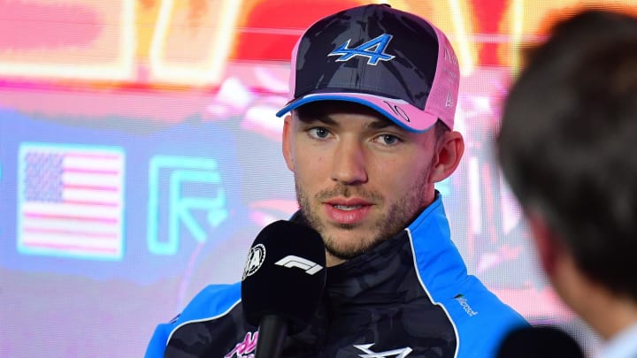 Nov 15, 2023; Las Vegas, Nevada, USA; Alpine driver Pierre Gasly of France speaks during media availabilities at Las Vegas Strip Circuit. Mandatory Credit: Gary A. Vasquez-USA TODAY Sports