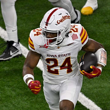 Dec 7, 2024; Arlington, TX, USA; Iowa State Cyclones running back Abu Sama III (24) in action during the game between the Iowa State Cyclones and the Arizona State Sun Devils at AT&T Stadium. Mandatory Credit: Jerome Miron-Imagn Images