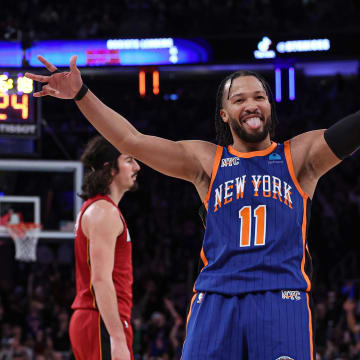Jan 27, 2024; New York, New York, USA; New York Knicks guard Jalen Brunson (11) reacts after making a three point basket during the second half against the Miami Heat at Madison Square Garden. Mandatory Credit: Vincent Carchietta-USA TODAY Sports