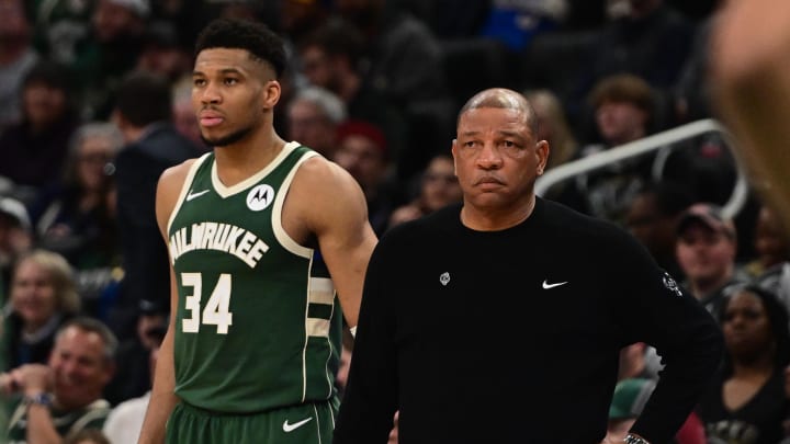 Milwaukee Bucks head coach Doc Rivers and forward Giannis Antetokounmpo (34) looks on in the fourth quarter against the Memphis Grizzlies at Fiserv Forum. 