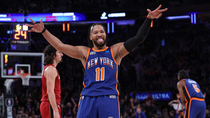 Jan 27, 2024; New York, New York, USA; New York Knicks guard Jalen Brunson (11) reacts after making a three point basket during the second half against the Miami Heat at Madison Square Garden. Mandatory Credit: Vincent Carchietta-USA TODAY Sports