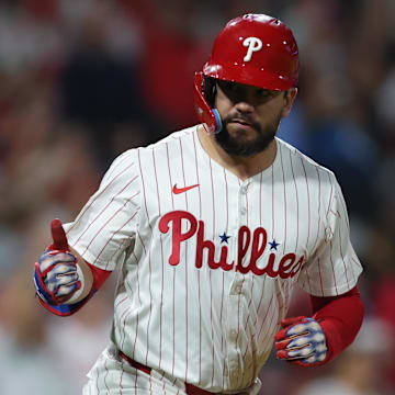 \Philadelphia Phillies designated hitter Kyle Schwarber (12) reacts after hitting a home run against the Tampa Bay Rays during the sixth inning at Citizens Bank Park.