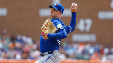 May 26, 2024; Detroit, Michigan, USA; Toronto Blue Jays pitcher Trevor Richards (33) pitches during the fourth inning  of the game against the Detroit Tigers at Comerica Park. Mandatory Credit: Brian Bradshaw Sevald-USA TODAY Sports