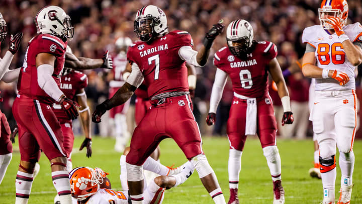 Nov 30, 2013; Columbia, SC, USA; South Carolina Gamecocks defensive end Jadeveon Clowney (7) celebrates a tackle for loss against the Clemson Tigers in the second quarter at Williams-Brice Stadium. Mandatory Credit: Jeff Blake-USA TODAY Sports